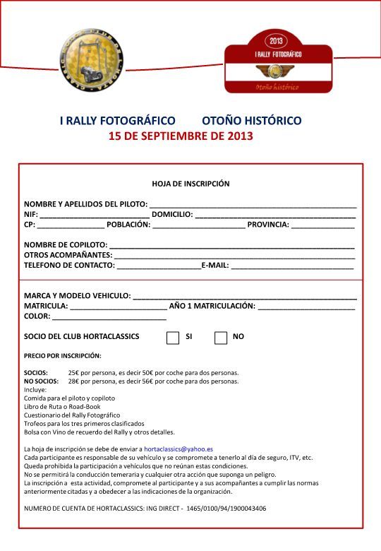 HOJA DE INSCRIPCIÓN RALLY FOTOGRÁFICO OTOÑO HISTÓRICO 2013.