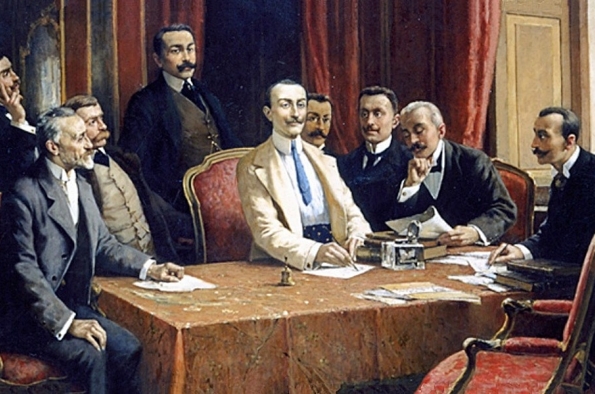 LOS FUNDADORES DE LA FIAT DE L. DELLEANI (1840 - 1908). DESDE LA IZQUIERDA (SENTADOS): CONDE BISOMETTI, ABOGADO RACCA, CONDE BRICHERASSO, CERIANA, GIOVANNI AGNELLI, ABOGADO SCARFIOTTI, FERRERO Y (DE PIE) LUIGI DAMEVINO Y EL ABOGADO GORIA GATT
